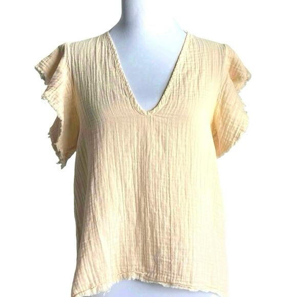 STARK X Muslin Gauze Raw Hem Oversized Top XS Butter Yellow Fairy Flutter Sleeve - Picture 1 of 8